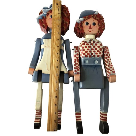 VTG Hand Painted Wood Raggedy Ann Andy Style Jointed Doll Folk Art Shelf Sitters - Picture 10 of 10